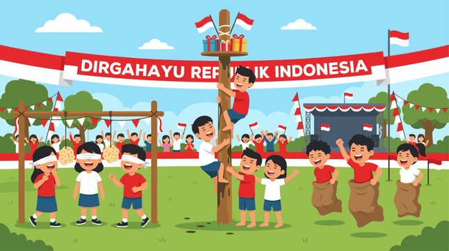 Capturing the playful spirit of Indonesian chidren celebrating Independence Day, this flat design features children engaging in traditional games like 'panjat pinang' 'balap karung and 'krupuk eating'