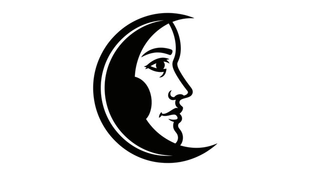 Black and white crescent moon face profile.