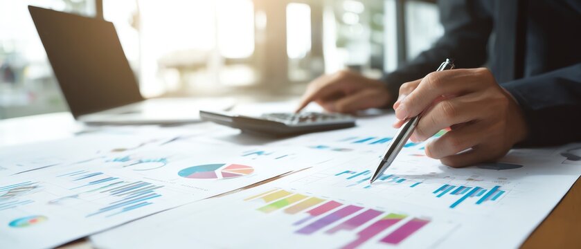 Analyzing financial data with charts and calculator.