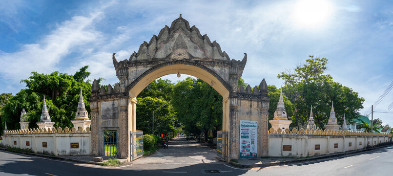 Entrance gate to Wat Jumphon Sutthawat, buddhist temple in Surin, Thailand
