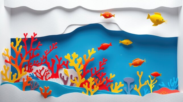 Papercraft scene depicts vibrant coral reef, colorful fish swimming within blue water. Simple, stylized ocean environment.