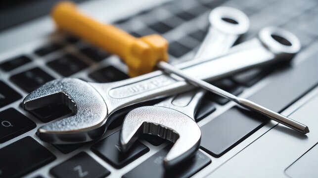 Tools on a keyboard for tech solutions.