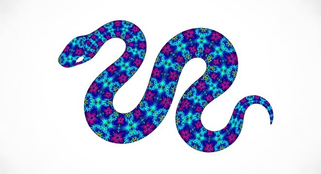A colorful, patterned snake illustration, blue and pink, against a white backdrop