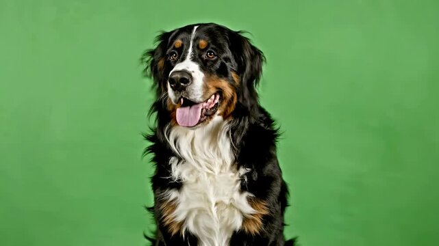 Close-up Portrait of a Bernese Mountain Dog Sitting Against a Green Screen Background Displaying Friendly Expression and Distinctive Coat Colors