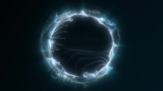 Abstract white electric energy ring with sparkling plasma light and glowing futuristic circular waves on dark sci fi background, seamless motion loop