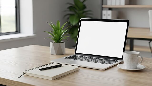 Open laptop computer displaying empty screen on wooden desk with coffee cup and green plant for business planning tasks in home office environment for remote worker professional productivity