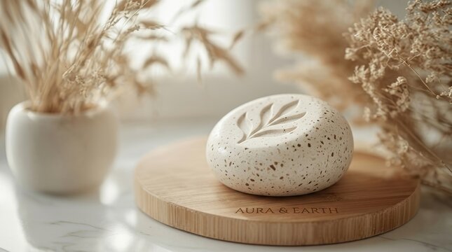 Natural skincare stone with botanical leaf imprint on wooden stand, evoking organic beauty and wellness.