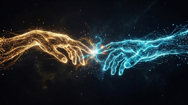 Two glowing energy hands reaching for each other in space