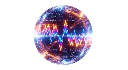 Obraz premium A glowing orb with vibrant orange and blue energy lines, resembling a digital wave pattern