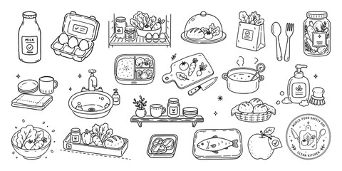 食品衛生とキッチン用品の手描き線画アイコンセット、Hand Drawn Food Safety and Kitchen Line Icon Set © MEG-MEG