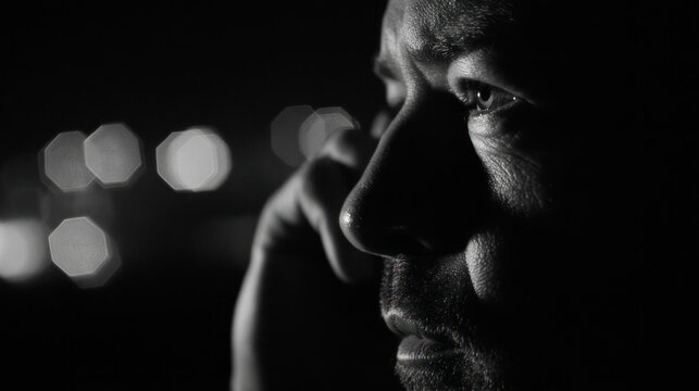 Dramatic close up portrait of a mans face in shadow with bokeh background