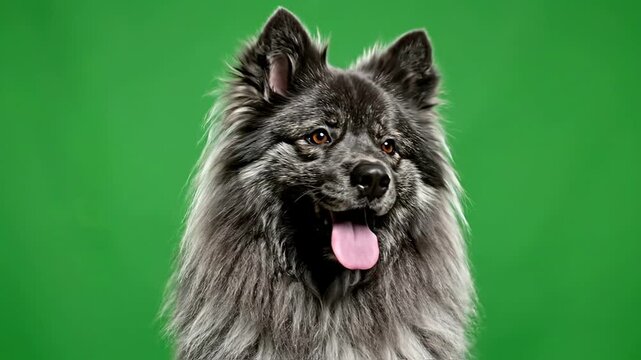 Close-up Portrait of a Cheerful Black Keeshond Dog Against a Green Background