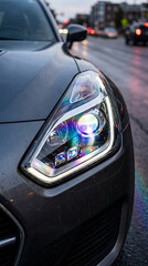 Fototapeta premium A close-up view of a car's illuminated headlight with reflections and city lights in the background Closeup on headlight of a generic and unbranded blue car 