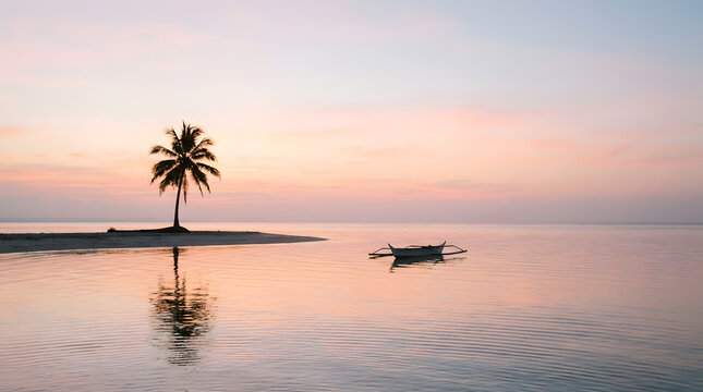A lone palm tree on a small sandy island with a traditional outrigger boat at sunrise
