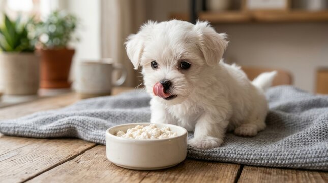 Adorable fluffy white puppy eagerly licks its lips at a bowl of food indoors.