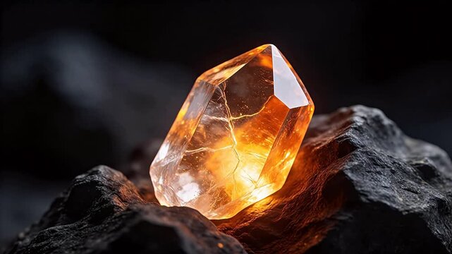 Glowing orange crystal on dark rock