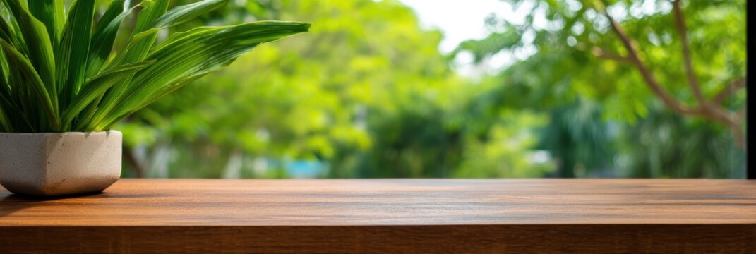 緑の植物は木の近くの木のテーブルに座っています