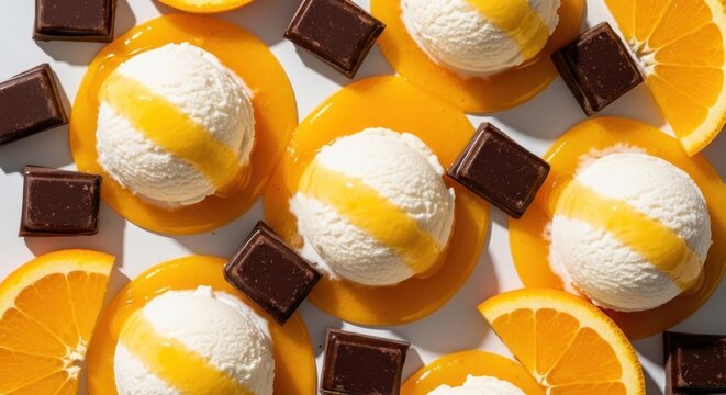 Creamy scoops of frozen dairy dessert topped with citrus fruit sauce and square pieces of dark cacao bar arranged neatly for a refreshing summer snack experience for people who love sweet food