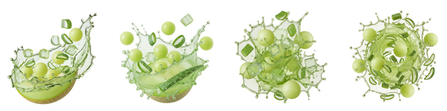 Aloe vera and melon juice splash set with ice cubes on black background