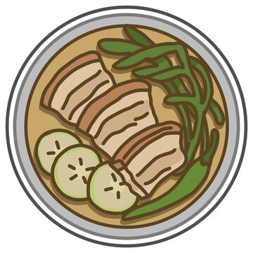 Filipino Sinigang na Baboy Pork Tamarind Soup with Vegetables in Bowl Top View, Cartoon PNG Illustration.