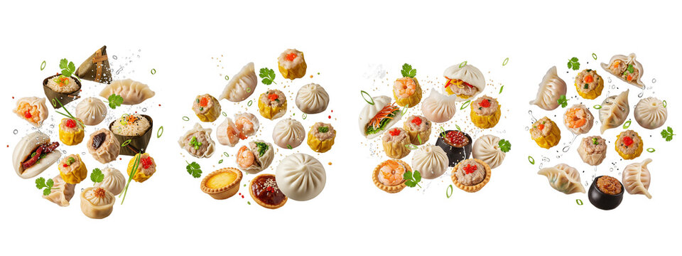 Assorted Chinese dim sum and dumplings flying on black background