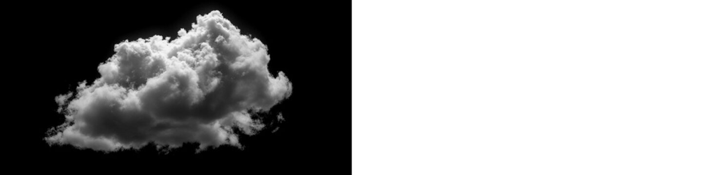 Single dense cumulus cloud PNG overlay isolated against split black and white background. Fluffy atmospheric formation illuminated from above for weather, sky, nature, meteorology illustration and des
