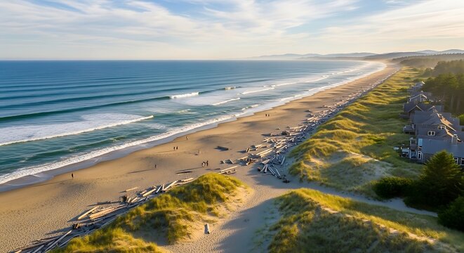 Aerial view of expansive sandy beach and ocean at sunset with calm waves