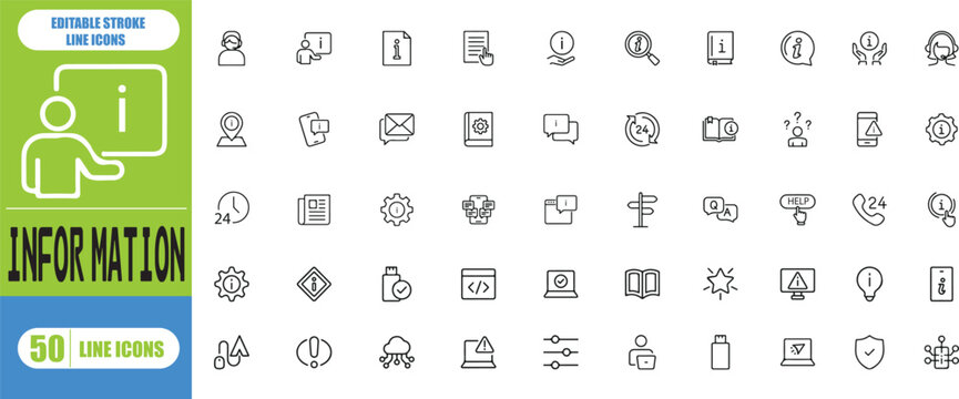 Vector set of information line icons. Contains icons instruction, privacy policy, info center, manual, rule, guide, reference, help and more. Pixel perfect.