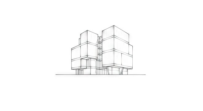 Hand drawn ink sketch of a residential housing block showing multiple boxy shapes stacked together representing an urban apartment building project for architecture design and real estate