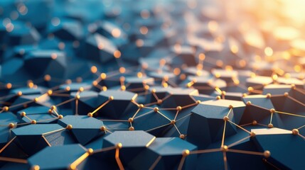 Fototapeta premium Abstract polygonal landscape. Connected nodes form network. Warm light illuminates complex geometry. Futuristic digital terrain.