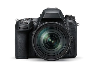 Fototapeta premium Professional digital camera with a large lens for photography on a white background