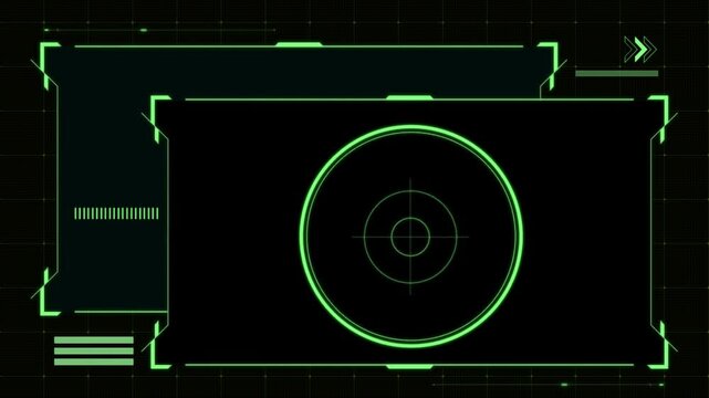 Animation green frame techniology for scans a target on black background.