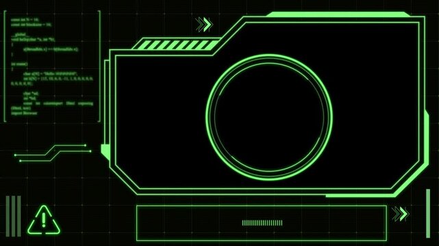 Animation green frame techniology for scans a target on black background.