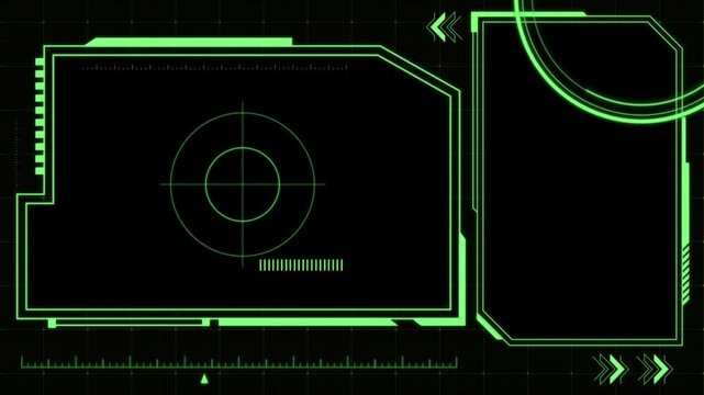 Animation green frame techniology for scans a target on black background.
