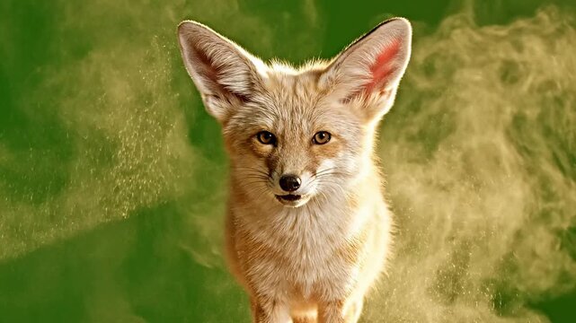 Close-up Portrait of a Fennec Fox with Large Ears and Bright Eyes Against a Green Background