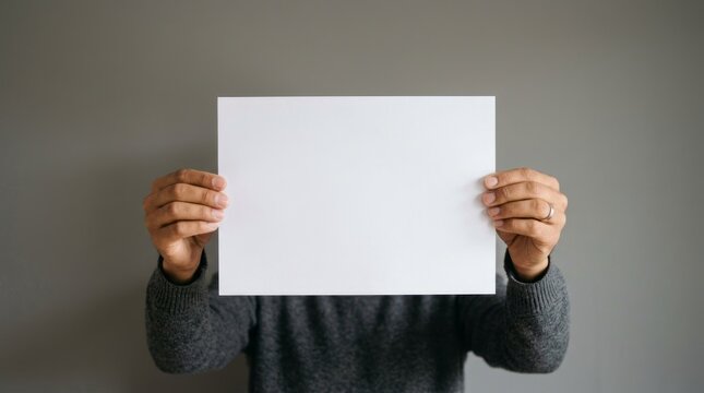 Person holding blank white paper in front of face, conveying mystery and space for text