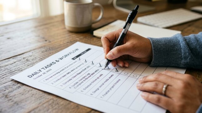Hands checking off tasks on a daily to-do list, planning and productivity concept