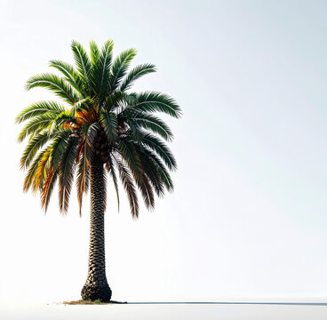 Palmera solitaria con sombra alargada aislada en fondo blanco con espacio para texto, concepto de viaje y vacaciones en para&iacute;so tropical