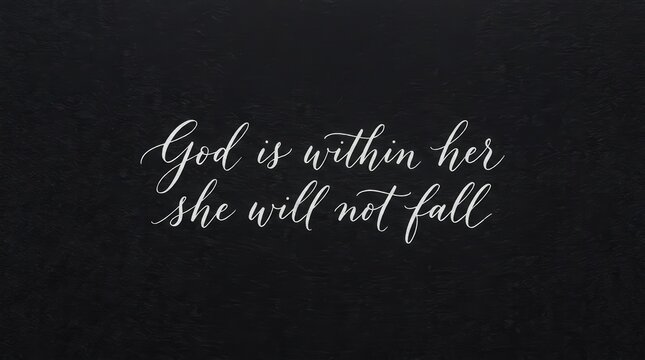 Minimal white ink typography 'God is within her she will not fall', elegant handwritten script on deep matte black background, subtle ink bleed and paper texture effect