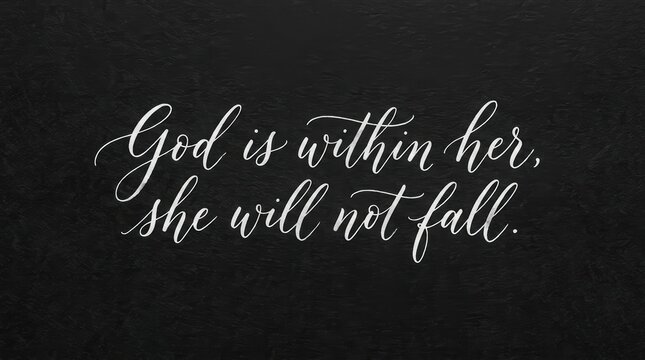 Minimal white ink typography 'God is within her she will not fall', elegant handwritten script on deep matte black background, subtle ink bleed and paper texture effect