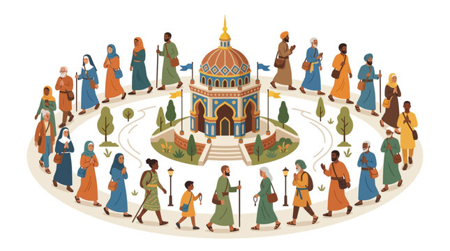 Illustration of muslim pilgrims performing tawaf around the Kaaba, a sacred ritual during Hajj and Umrah pilgrimages at Masjid al-Haram in Mecca.