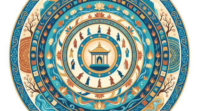 Vector illustration of Muslim pilgrims circumambulating the Kaaba in Mecca, a sacred Islamic holy site, with vibrant colors and intricate patterns.