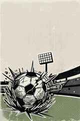 Soccer ball meteorite crashed into the middle of soccer stadium retro poster punchy style with scratches and halftone screen texture have blank space. © Wasitt
