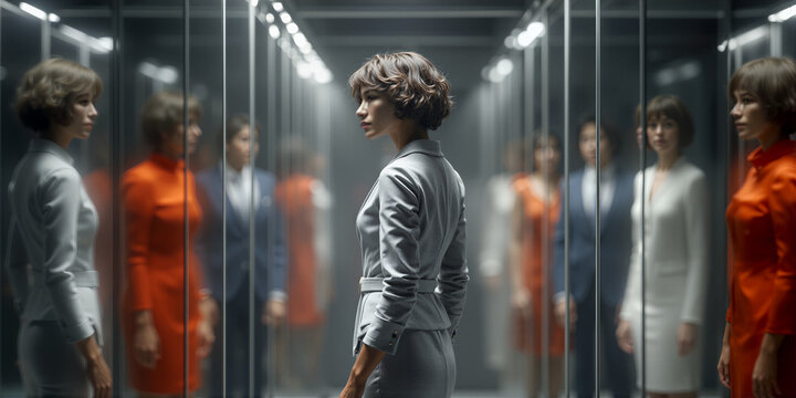 Stylish model in metallic dress stands in corridor echoing with reflections and subdued lighting