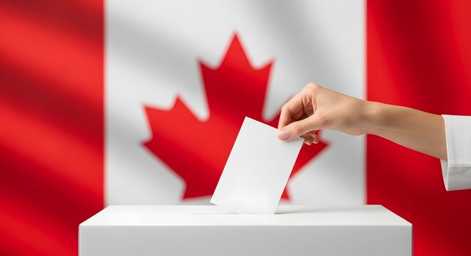 Canadian election a hand casting a vote with the national flag as backdrop