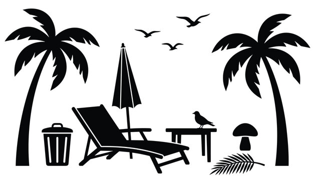 Vector tropical beach vacation silhouette set with palm trees, lounge chair, umbrella, birds, and beach accessories