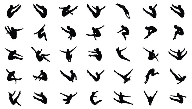 Vector set of silhouettes of gymnasts performing various jumps and leaps