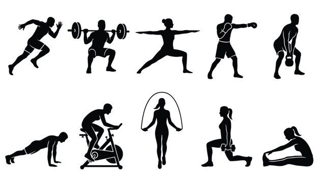 Vector set of fitness and gym exercise silhouettes