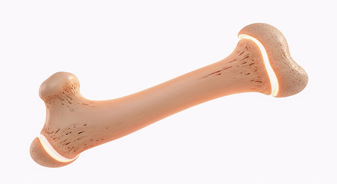 A 3D render of a human femur bone, showcasing its anatomical structure with spongy bone texture and smooth cortical bone.