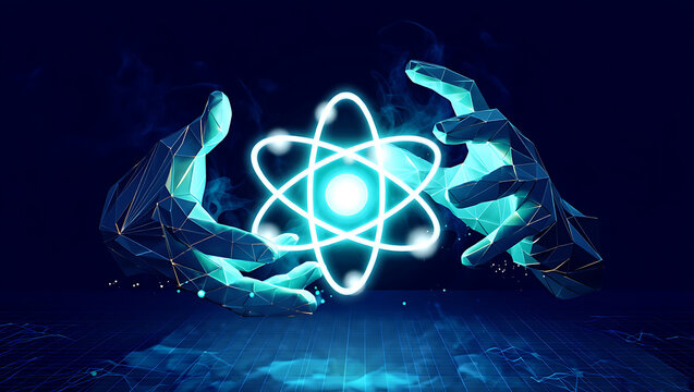 Hand holding a digital atom structure, glowing with light, representing scientific concept A person holding a glowing digital atom model in their hands